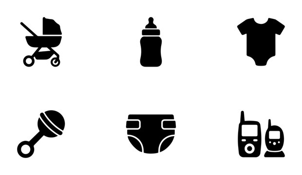 Baby Essentials Icons, Stroller, Bottle, Onesie, Rattle, Diaper, Monitor Set