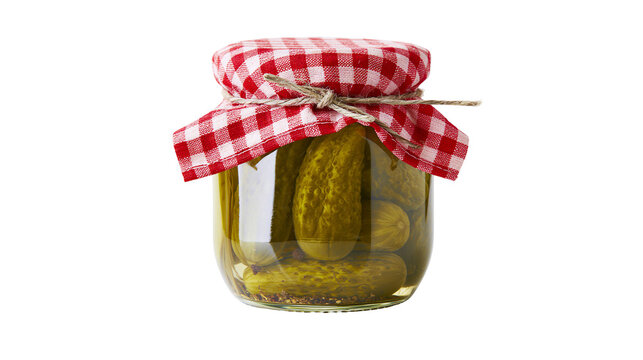 Glass jar of dill pickles with red gingham lid and twine, isolated on transparent background