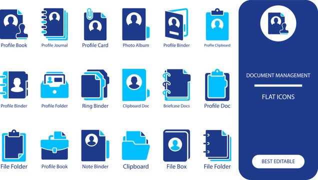 Document management icons set. Silhouette vector illustration of files, folders and documents for business organization.