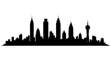 Fototapeta premium Silhouette skyline of a modern city featuring varied high rise buildings and towers along a clear horizon.