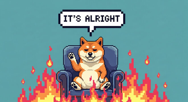 Pixel art dog in armchair surrounded by flames, saying "IT'S ALRIGHT", symbolizing composure amidst chaos or a relaxed acceptance of difficult situations.