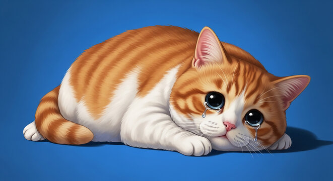 Digital illustration of a sad, crying tabby cat with large eyes on a solid blue background, symbolizing sadness, empathy, and melancholy, perfect for emotional themes.