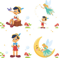 Naklejka premium Whimsical Pinocchio Fairytale Vector Character Set Featuring Wooden Puppet Blue Fairy Magic Wand Long Nose Mushroom and Crescent Moon Elements