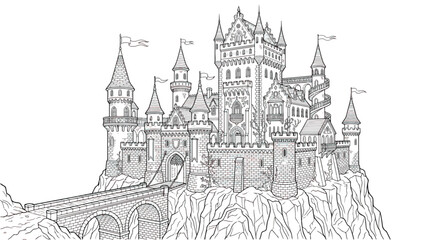 Fantasy castle, medieval fortress, castle on a hill, vector illustration, black and white © fanii996