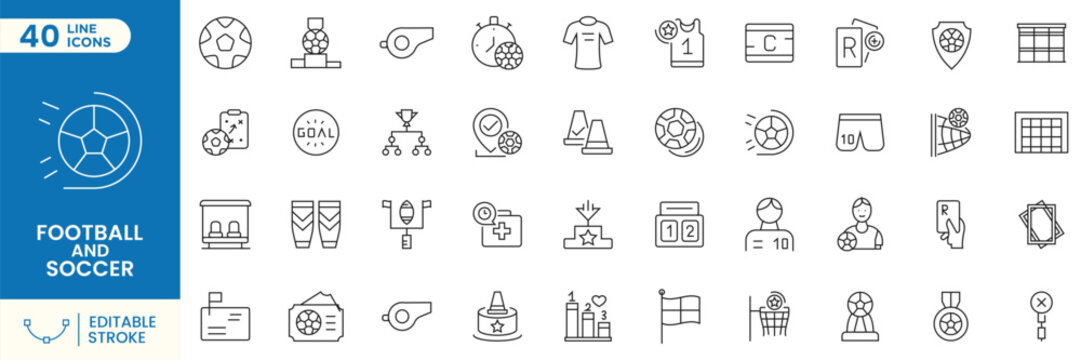 Football and Soccer Line Icons Set, Live Match, Stadium, Trophy, Referee, Ball, Jersey, Championship, Sports Outline Vector Collection Editable Stroke