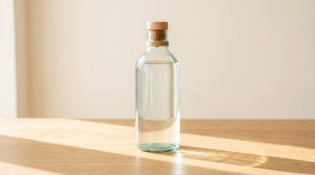 Recycled Clear Glass Bottle with Pure Water Wood Surface 8K Studio Photo