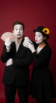 Two mimes in black suits and white gloves hold money, their faces painted white with black accents, symbolizing performance and wealth.