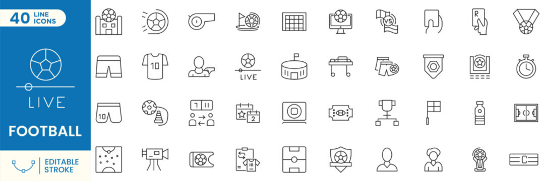 Football Line Icons Set Collection, Soccer Sports Editable Outline Symbols, Match, Stadium, Trophy, Referee, Jersey, Ball, Scoreboard, Live Broadcast, Championship Vector Pack Editable Stroke