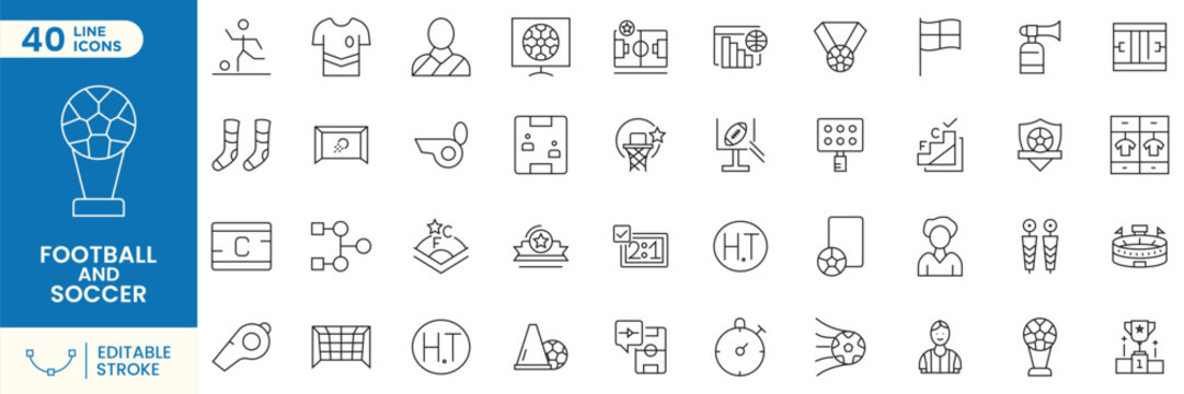 Football Soccer Line Icons Set, Live Match, Stadium, Trophy, Referee, Jersey, Ball, Championship, Broadcast, Sports Outline Vector Collection Editable Stroke