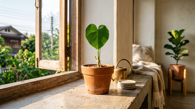 Small Terracotta Pot with Young Monstera Sprout Window Sill 8K Photo