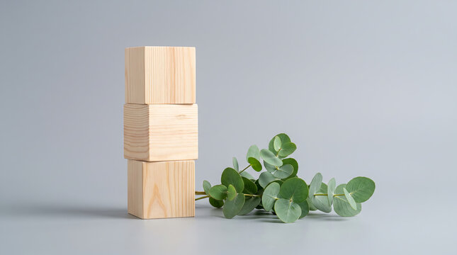 Natural Wooden Blocks with Green Eucalyptus Leaves Minimalist 8K Design