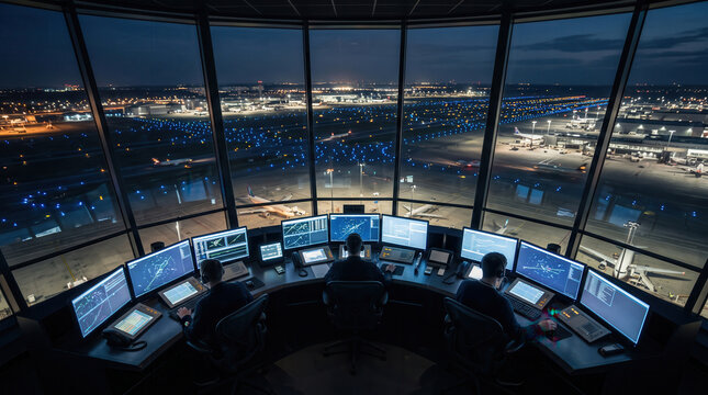 Airport control tower operators monitoring runway traffic from night command center. Concept of air traffic control, aviation safety and airport operations management.