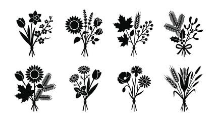 Fototapeta premium Seasonal Bouquets Silhouette Icon Set with Wildflowers Sunflowers Wheat Ears and Winter Holly Floral Arrangements Isolated on White Background