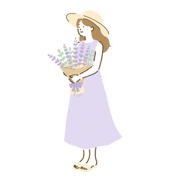 ラベンダーの花束を抱える夏の女性 シンプルな人物イラスト