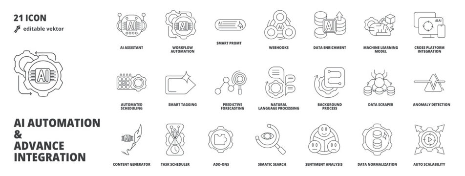 Automation, AI and Advanced Integrations Icon Pack with 21 Elements, Linely Style for Business Software SaaS