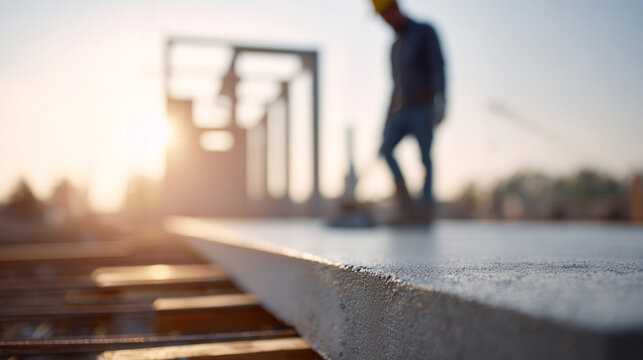 Construction worker on concrete slab at sunrise