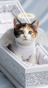 Calico cat with halo and wings in a white ornate coffin, symbolizing transition, peace, and heavenly rest, evoking a sense of remembrance and pet loss.