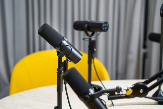podcast microphones studio recording equipment interview broadcast webinar