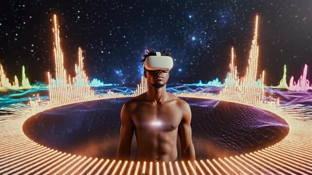 Black man wearing vr headset immersed in neon audio spectrum environment with sensor gloves interacting with holographic waves against starfield backdrop, cinematic lighting, futuristic