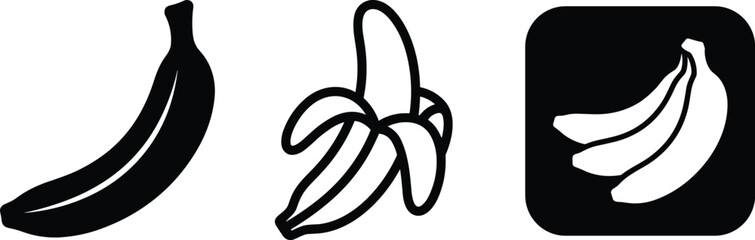Fresh banana fruit icons set featuring peeled banana bunch of bananas and solid silhouette templates in black outline and square button styles © MSTNAJMA