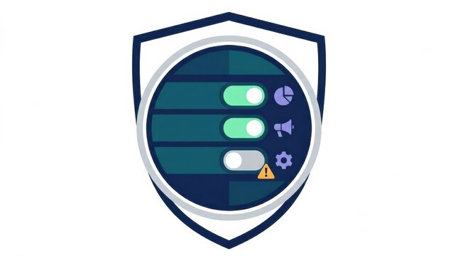 Icon illustrates a consent management platform with toggle switches and alert symbols in a shield design representing data privacy.
