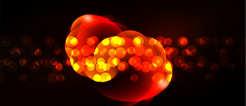Bright red abstract shapes overlap, filled with glowing yellow orbs. Dark background enhances vibrant luminosity, creating dynamic visual effect.