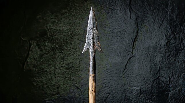 Antique Style Spear With Ornate Metal Head Against Dark Textured Background