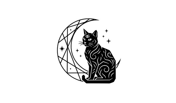 Mystical cat with crescent moon line art symbol