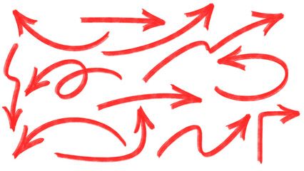 Fototapeta premium Red arrow set pointing in hand drawn chalk crayon style. Creative urban directional element for modern streetwear graphic design. 