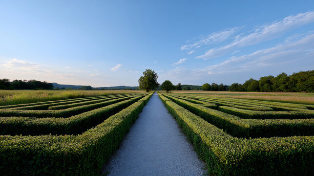 Symmetrical garden hedge maze with gravel pathway leading to distant trees under a blue sky with scattered clouds