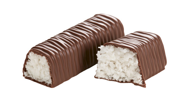 Chocolate covered coconut bar one whole and one half, isolated on transparent background