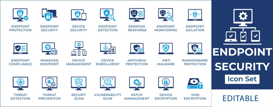 Endpoint security solid icon set. Featuring malware protection, device management, network security, and data encryption. Vector icons for office compliance and antivirus software.