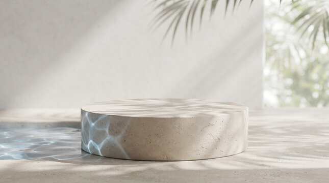 Empty concrete cylinder podium in an outdoor pool setting with water caustics and palm leaf shadows, minimal beige stone pedestal mockup with blurred tropical background, 3d render.