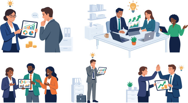 Diverse professional business people analyzing financial charts on tablets, brainstorming creative ideas, and celebrating success vector illustration