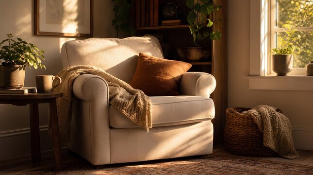 Cozy cream armchair in golden afternoon sunlight with chunky knit throw, rust pillow, houseplants, woven basket, patterned rug and glowing window in a warm inviting reading nook interior