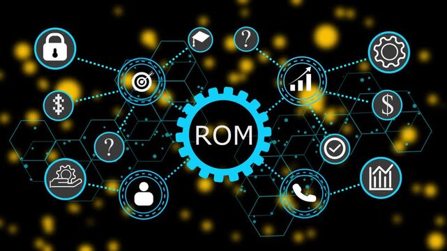 ROM, business concept. Modern business technology interface with gears and digital network icons. 4k animation video