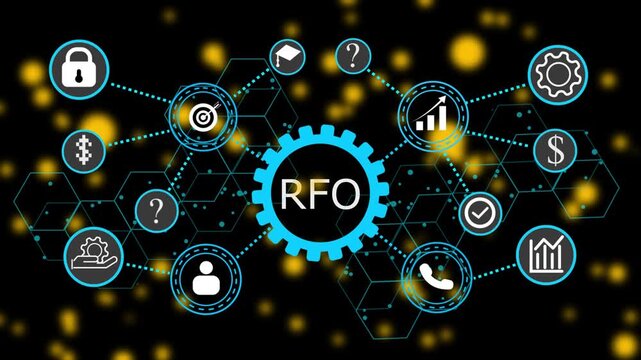 RFO, business concept. Modern business technology interface with gears and digital network icons. 4k animation video