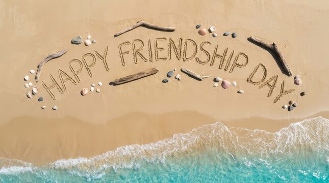 Happy friendship day sand art on beach