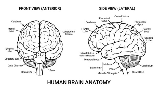 Human Brain Anatomy: Front and Side View Diagrams with Labels