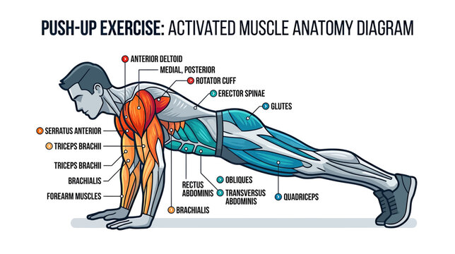 Push-Up Exercise Muscle Anatomy Diagram: Activated Muscles, Fitness Training