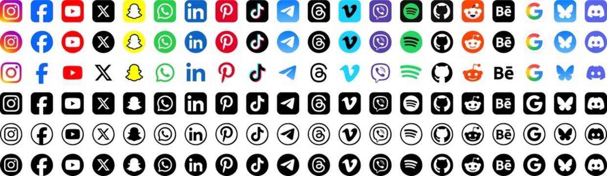 Instagram, Facebook, YouTube, X, Snapchat, WhatsApp, LinkedIn, Pinterest, TikTok, Telegram, Threads, Vimeo, Viber, Spotify, github, Reddit, Behance, Google, Bluesky, Discord