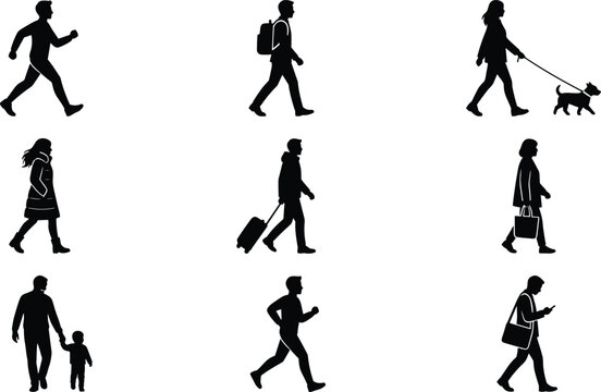 People walking and running silhouette vector collection featuring pedestrian commuters traveler luggage parent child dog walker phone isolated on white