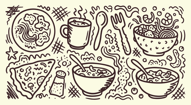 Hand drawn food and dining doodle collection featuring bowls of noodles, pizza and kitchen utensils for cafe menu design
