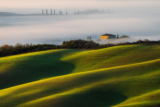 Flowing green sunlit hills curve in the foreground while a stone farmhouse emerges from a thick white fog bank, ghostly cypress silhouettes visible beyond. Val d'Orcia, Tuscany, Italy.