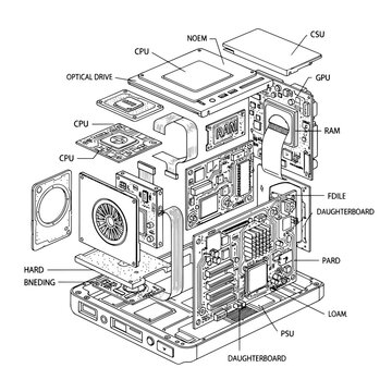 Exploded isometric diagram of a computer motherboard showing components and expansion slots.