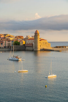 Looking towards The Church of Notre Dame des Anges, Port Coullioure, Collioure, Occitania, France