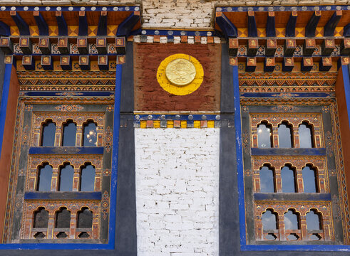 Detail of wall at Shechen Nunnery, Phobjikha Valley, Wangdue Phodrang District, Bhutan