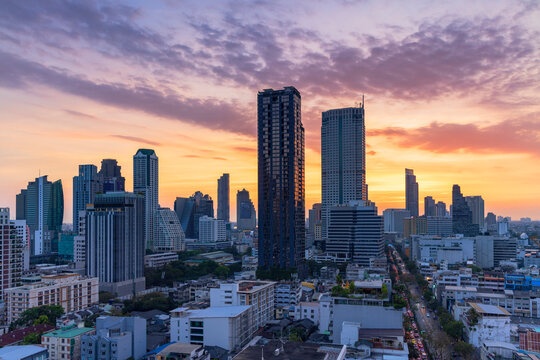 Skyline of Bang Rak at sunset, Bangkok, Thailand