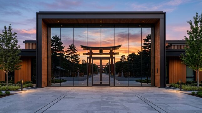 Modern Building Reflecting Torii Gate at Sunset