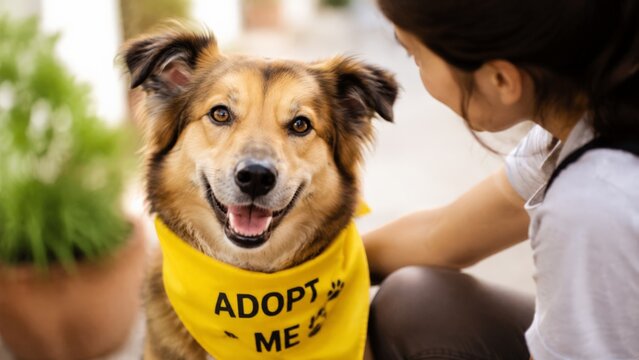 Tan and brown mixed breed dog wearing a yellow adopt me bandana with paw prints looking up at a dark-haired woman in a white t-shirt outdoors with a green potted plant in the background
